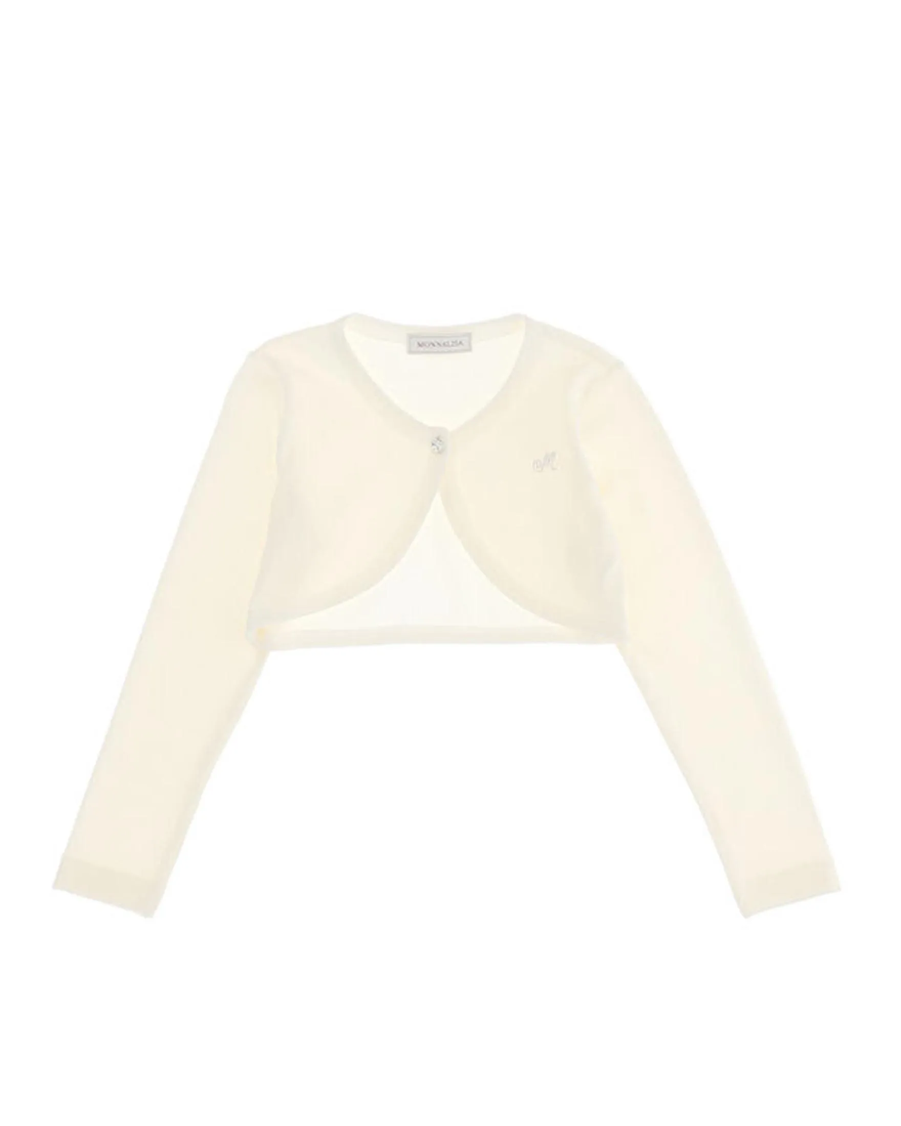 Bolero avorio in crêpe stretch con bottone gioiello e logo strass 4-10 anni
