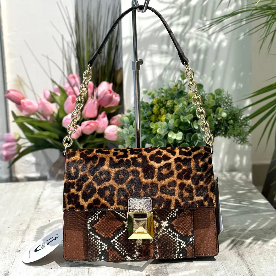 Borsa Patchwork Cartella in Pelle con Catena a Spalla e Tracolla Regolabile Cavallino