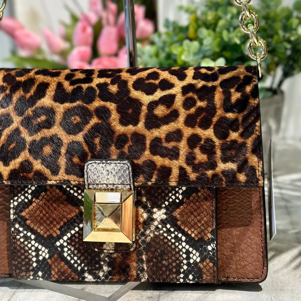 Borsa Patchwork Cartella in Pelle con Catena a Spalla e Tracolla Regolabile Cavallino