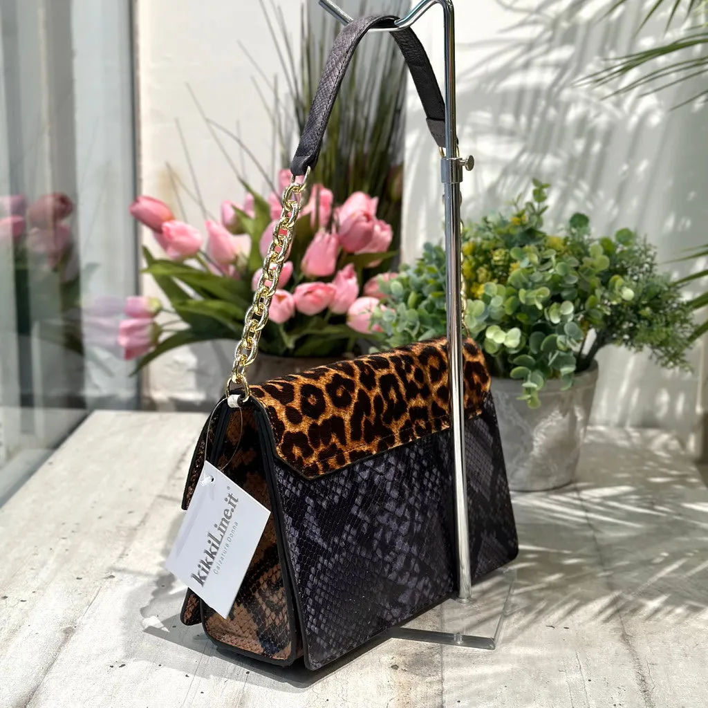 Borsa Patchwork Cartella in Pelle con Catena a Spalla e Tracolla Regolabile Cavallino