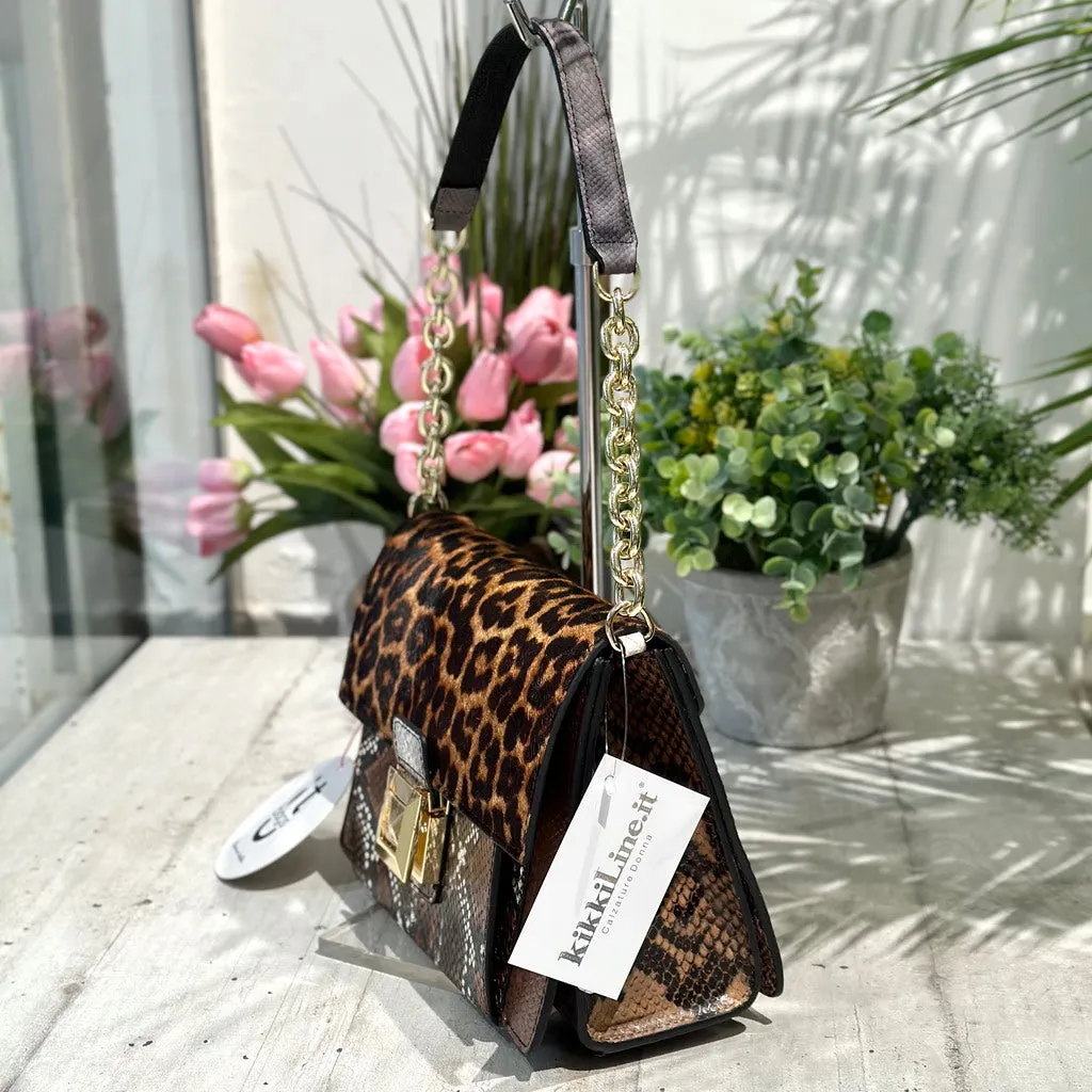 Borsa Patchwork Cartella in Pelle con Catena a Spalla e Tracolla Regolabile Cavallino
