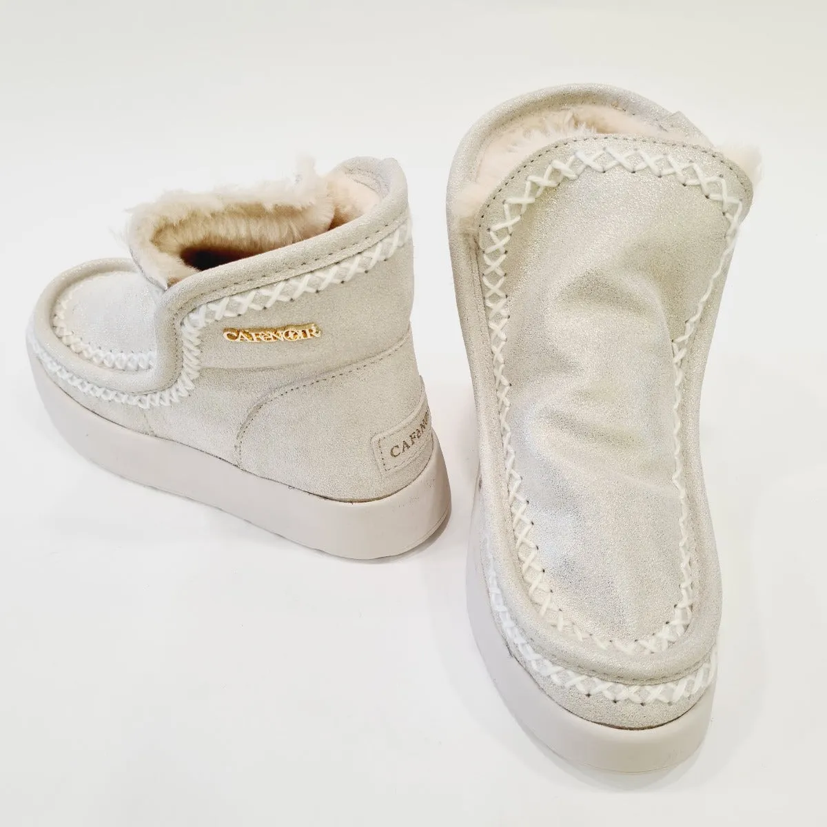 Cafè Noir stivaletto moon boot fondo gomma 4 cm pelliccia interna beige crosta glitter platino rif.546
