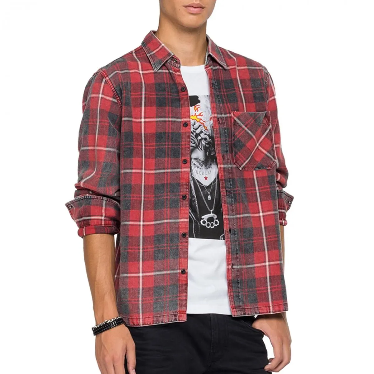 Camicia In Flanella Stampa Check, Rosso