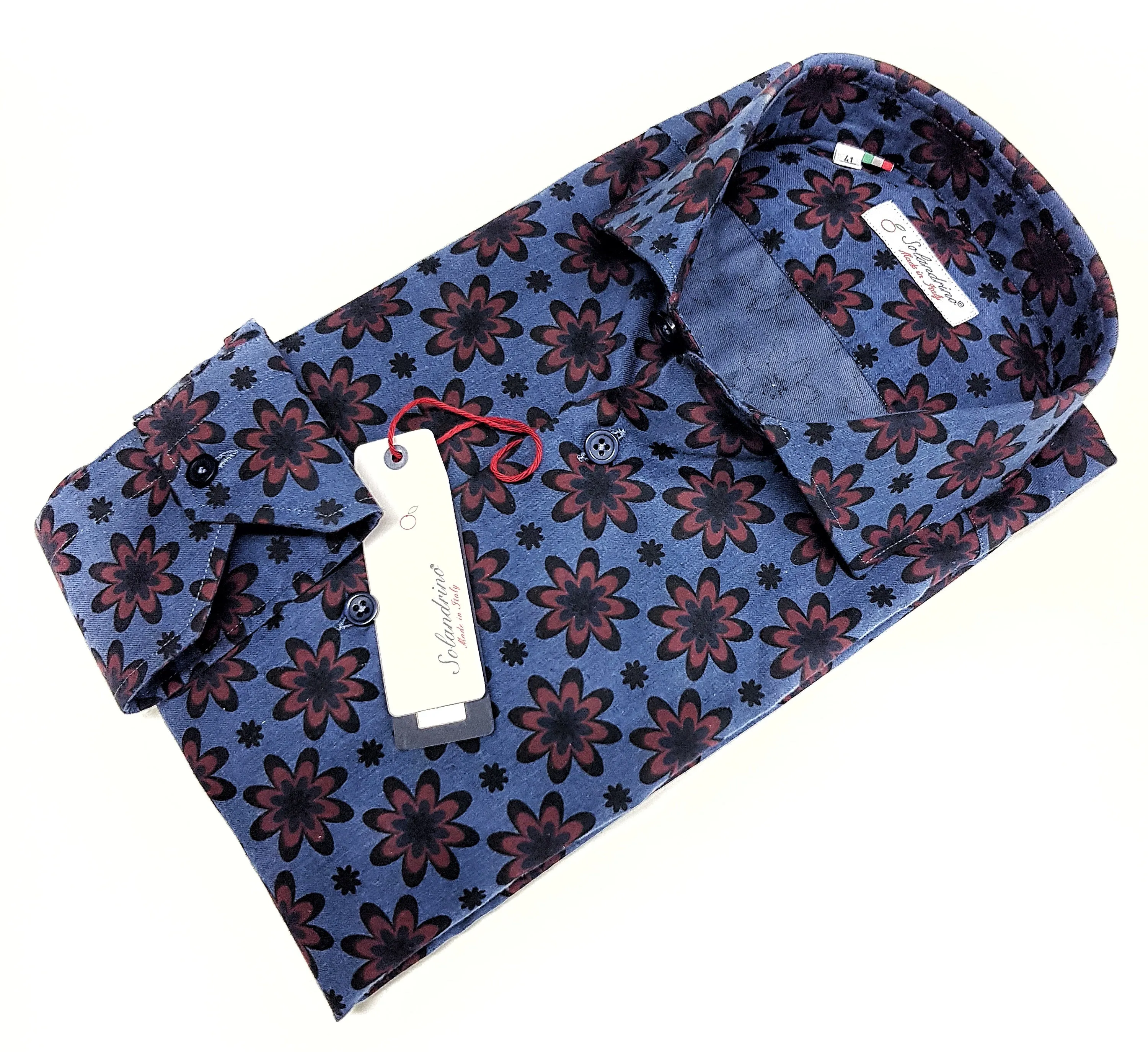 Camicia uomo DENIM blu FANTASIA FASHION BORDEAX puro cotone made in Italy Blue Navy shirt