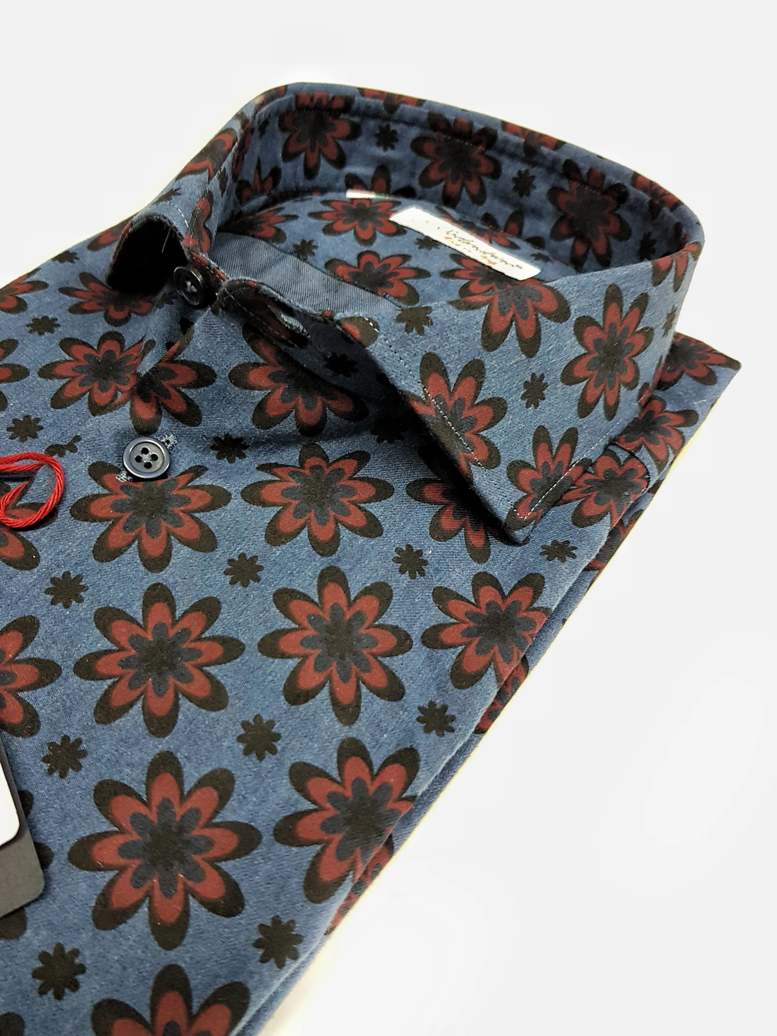 Camicia uomo DENIM blu FANTASIA FASHION BORDEAX puro cotone made in Italy Blue Navy shirt
