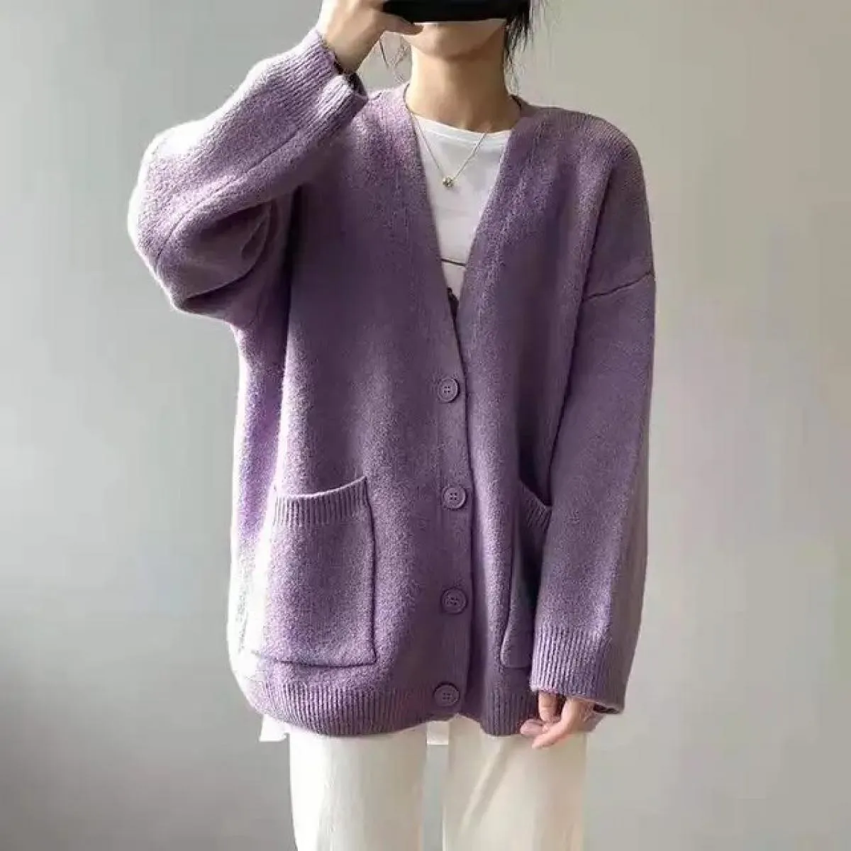 Cappotto maglione Abbigliamento donna 2023 Primavera e autunno Nuovo cardigan lavorato a maglia in tinta unita sciolto