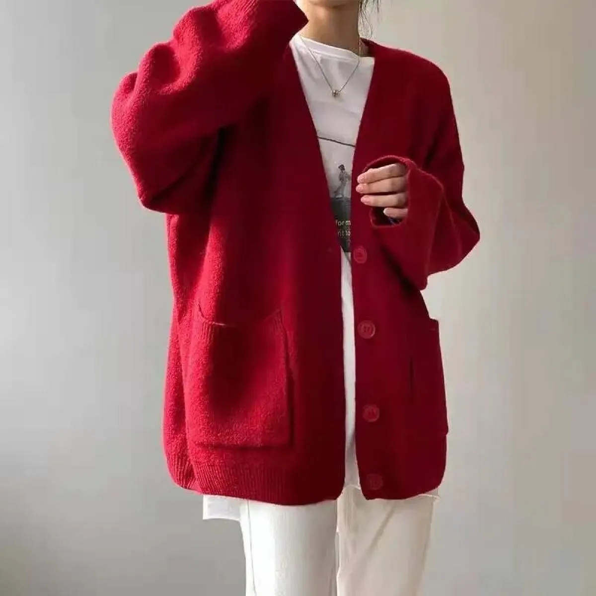 Cappotto maglione Abbigliamento donna 2023 Primavera e autunno Nuovo cardigan lavorato a maglia in tinta unita sciolto