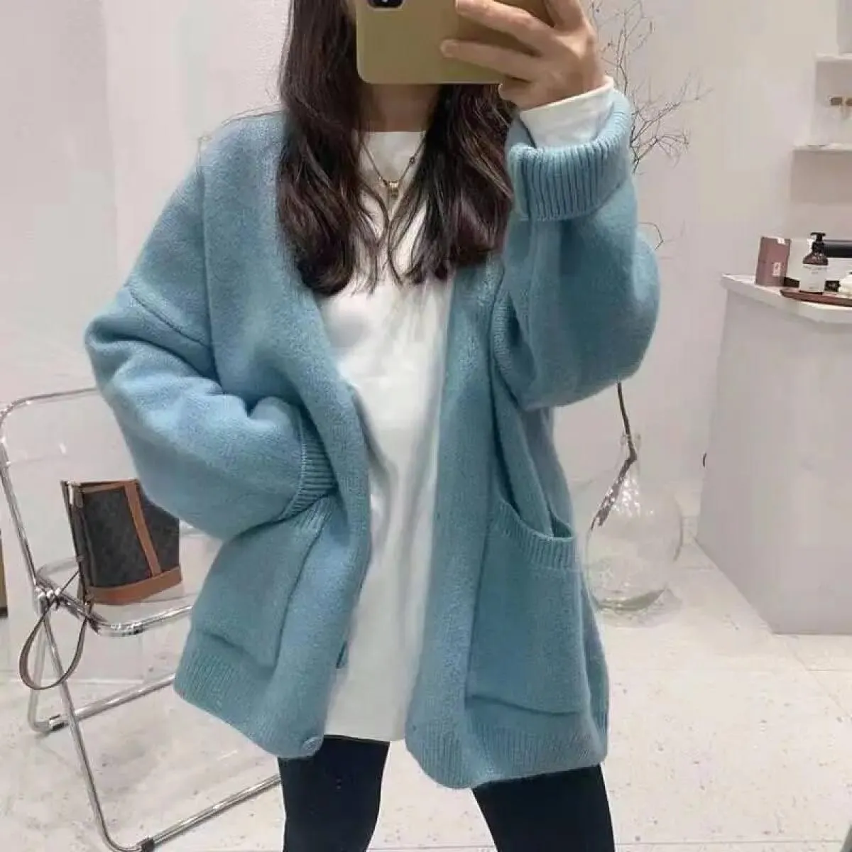 Cappotto maglione Abbigliamento donna 2023 Primavera e autunno Nuovo cardigan lavorato a maglia in tinta unita sciolto