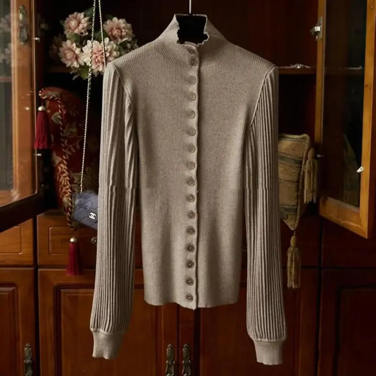 Cardigan lavorato a maglia manica lanterna monopetto maglione dolcevita sottile cappotto donna autunno e inverno 2024 nuovo desi