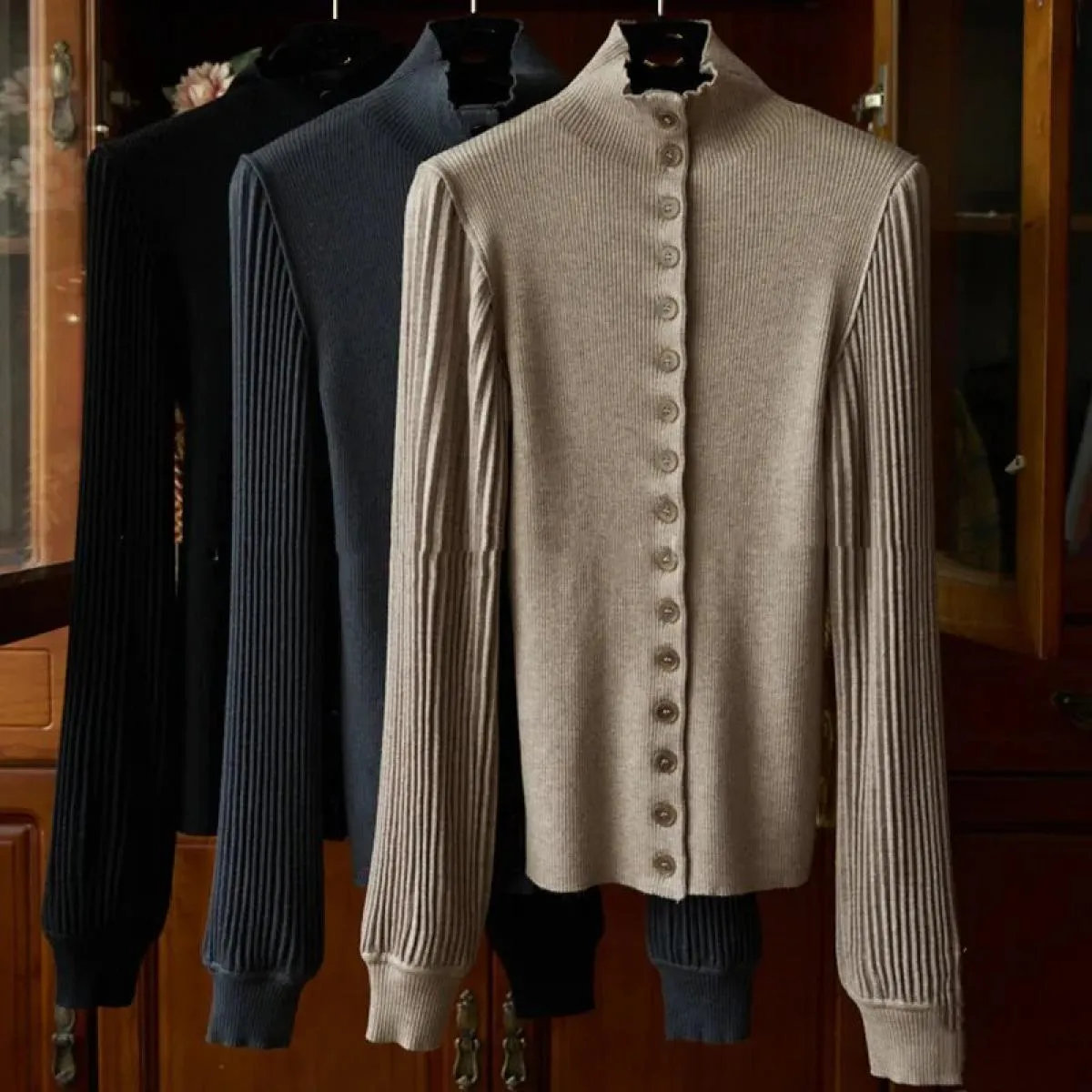 Cardigan lavorato a maglia manica lanterna monopetto maglione dolcevita sottile cappotto donna autunno e inverno 2024 nuovo desi
