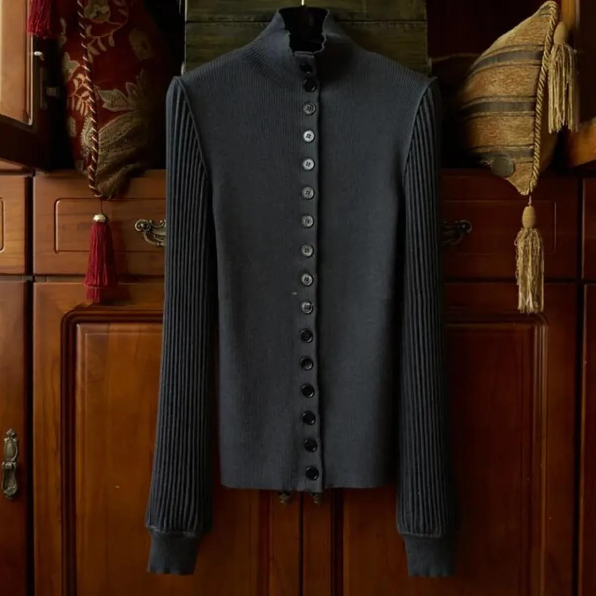 Cardigan lavorato a maglia manica lanterna monopetto maglione dolcevita sottile cappotto donna autunno e inverno 2024 nuovo desi