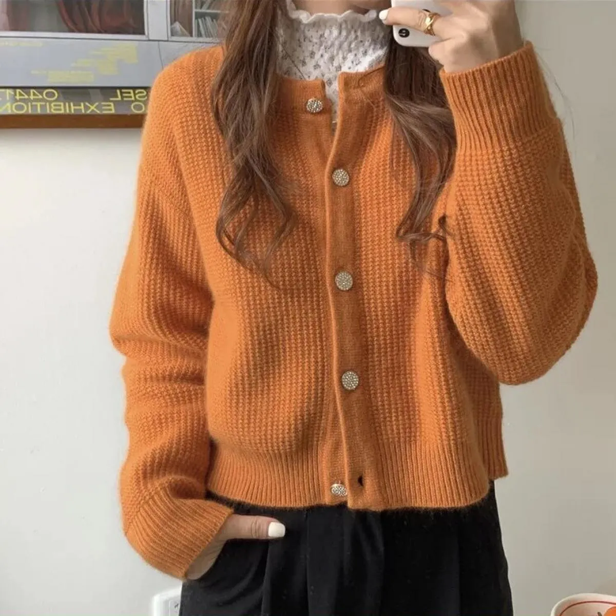 Cardigan Maglione Cappotto cardigan lavorato a maglia retrò autunnale Donna Top arancione lavorato a maglia delicato femminile
