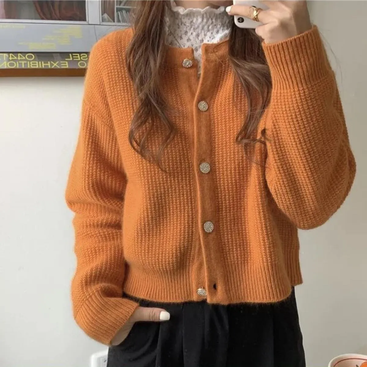 Cardigan Maglione Cappotto cardigan lavorato a maglia retrò autunnale Donna Top arancione lavorato a maglia delicato femminile