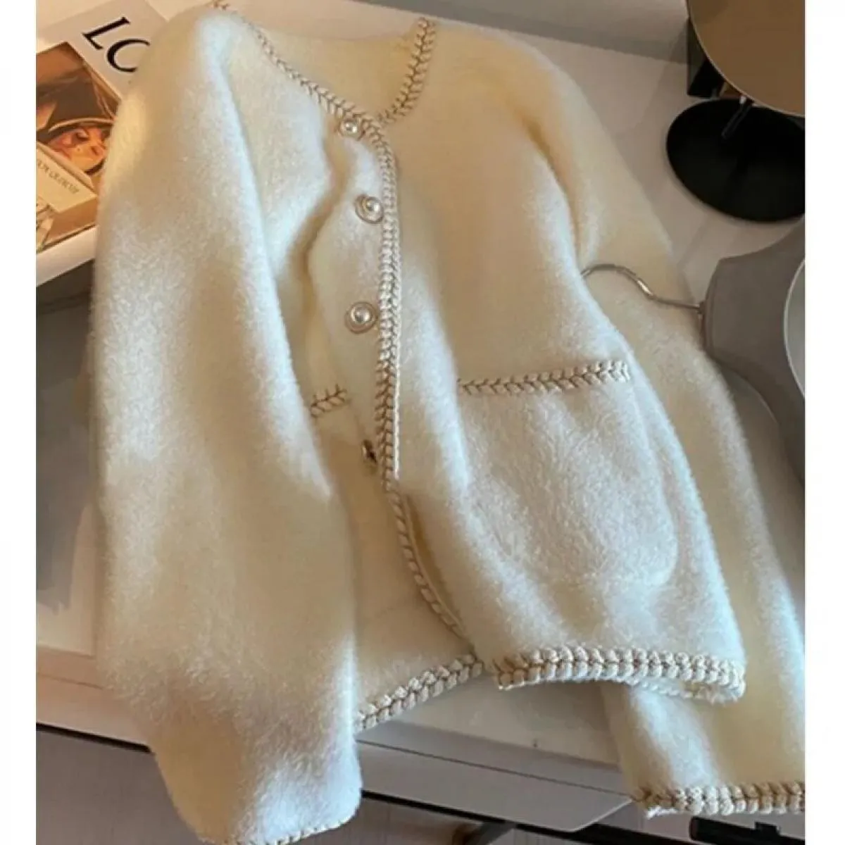 Cardigan maglione con bottoni in perla francese Top Cappotto primaverile autunnale in morbido cashmere lavorato a maglia