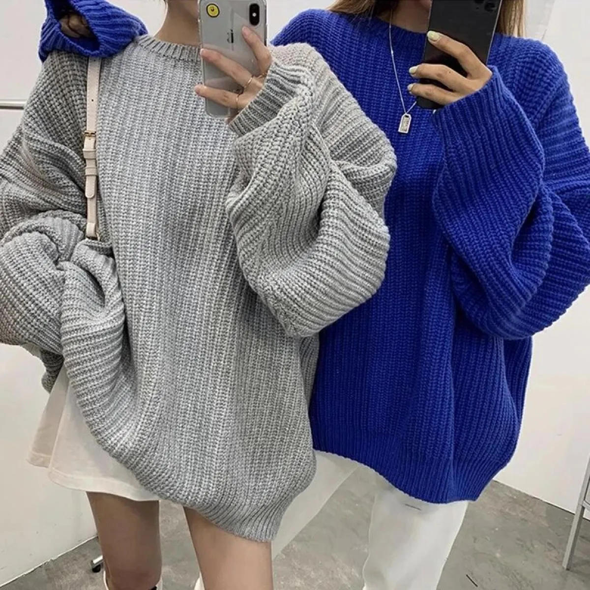 Chic autunno inverno francese girocollo tinta unita sciolto casual manica lunga pullover maglione lavorato a maglia donna
