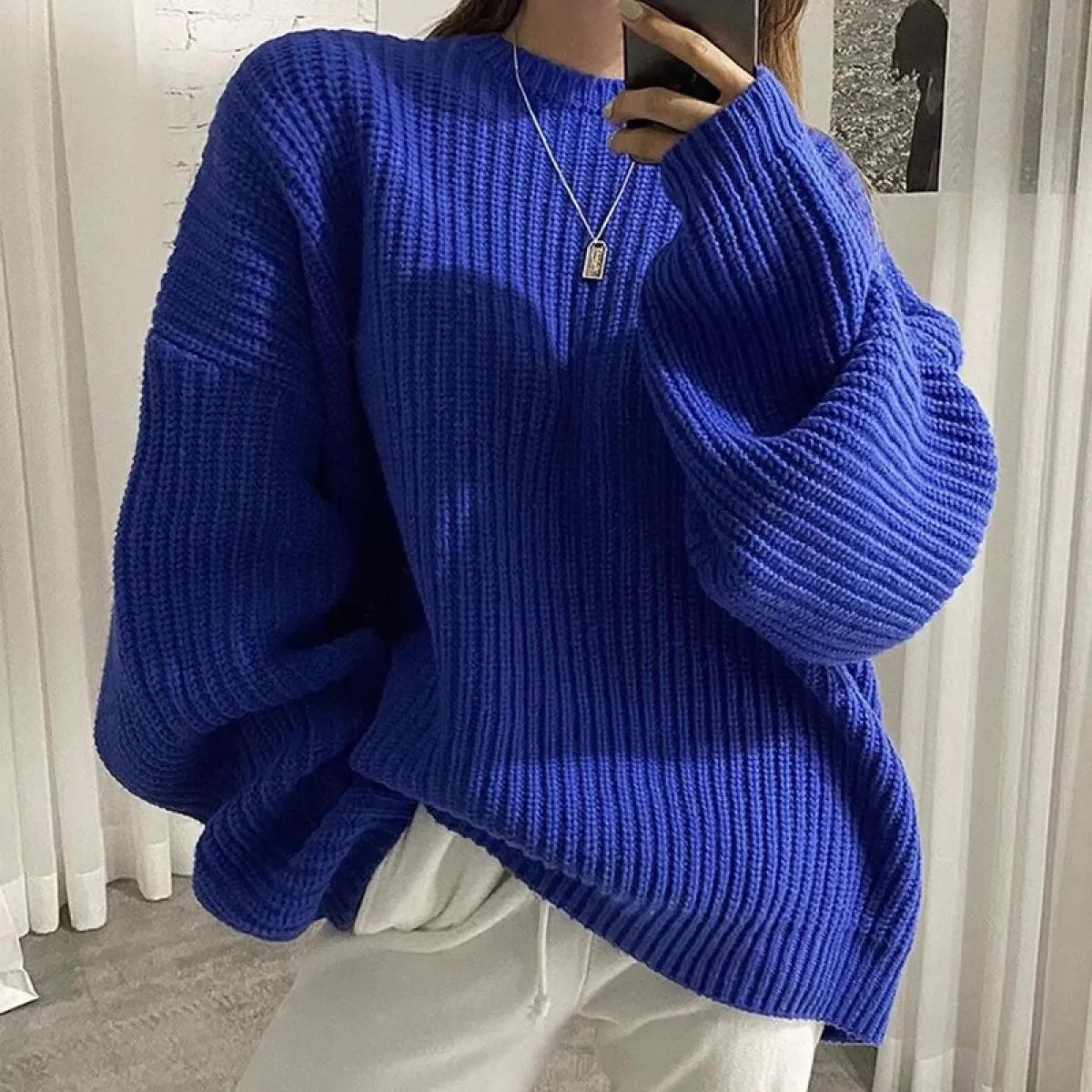 Chic autunno inverno francese girocollo tinta unita sciolto casual manica lunga pullover maglione lavorato a maglia donna