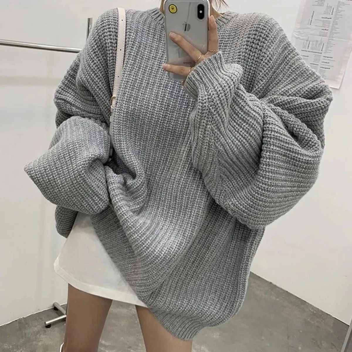 Chic autunno inverno francese girocollo tinta unita sciolto casual manica lunga pullover maglione lavorato a maglia donna