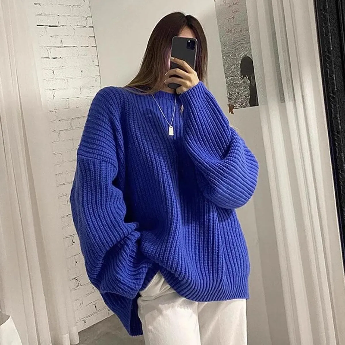 Chic autunno inverno francese girocollo tinta unita sciolto casual manica lunga pullover maglione lavorato a maglia donna