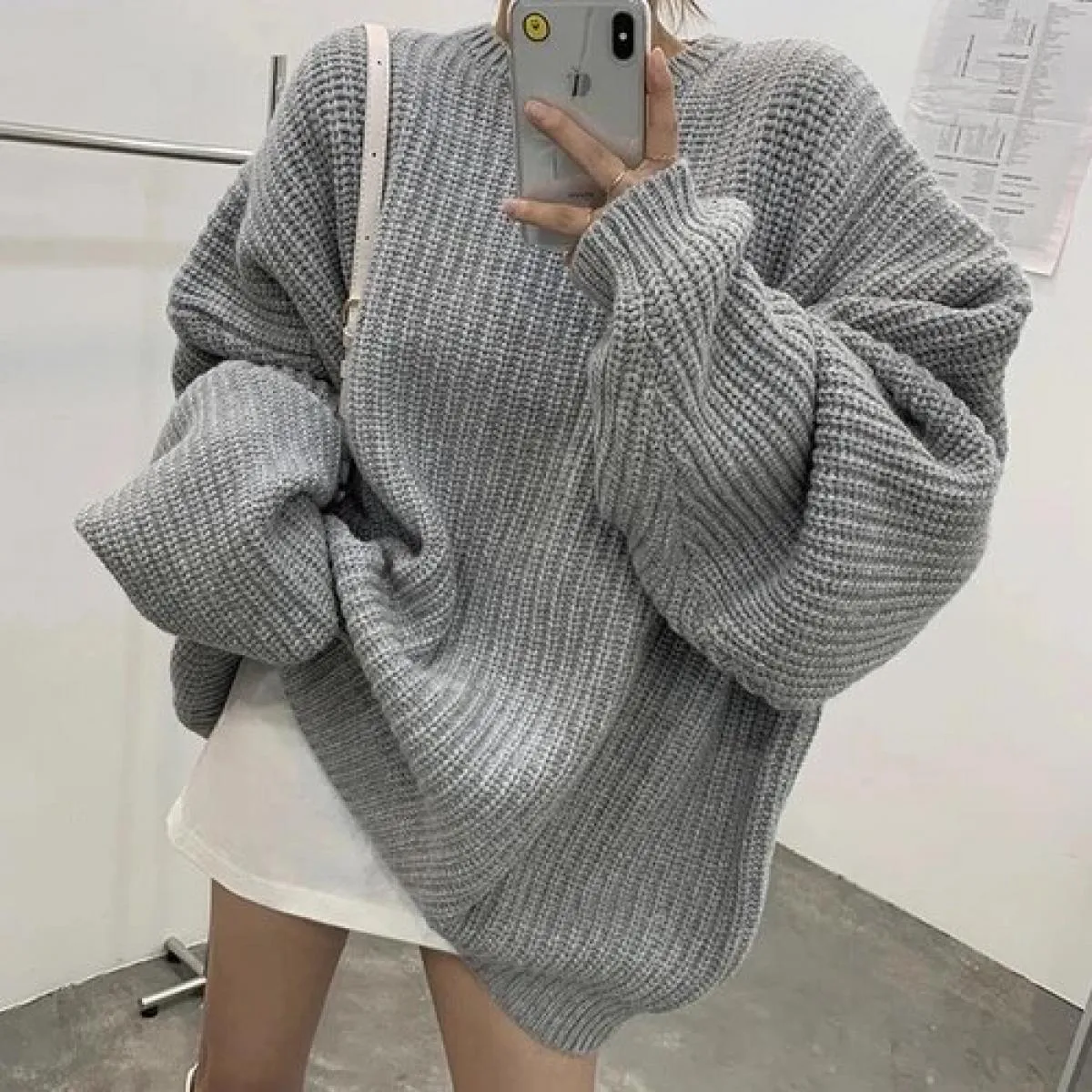 Chic autunno inverno francese girocollo tinta unita sciolto casual manica lunga pullover maglione lavorato a maglia donna