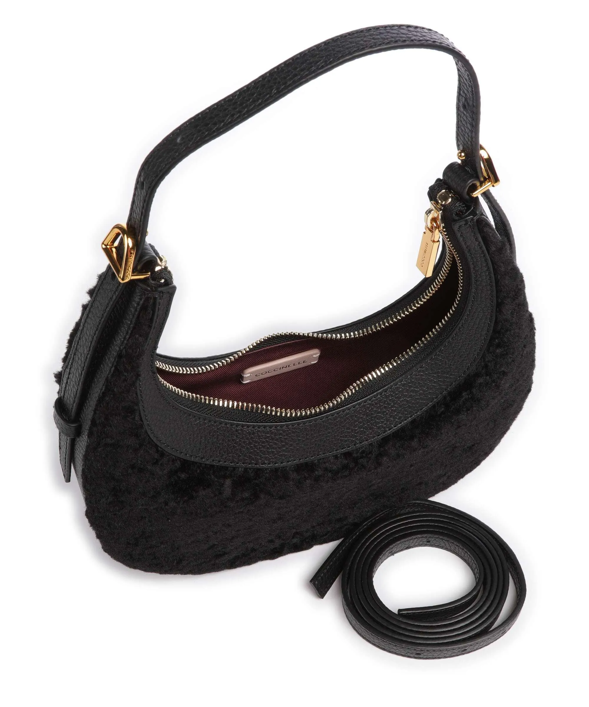  Coccinelle Whisper Astrakan Borsa a spalla pelle di vacchetta grana, eco-pelliccia nero  
