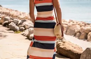 Elegante maxi abito con stampa a righe, multicolore