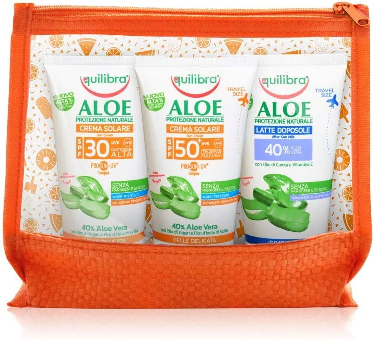 Equilibra Solari, Pochette Aloe Creme Solari Travel Size, Kit da Viaggio con Crema Solare SPf 50+ per Pelli Delicate, Crema Sola