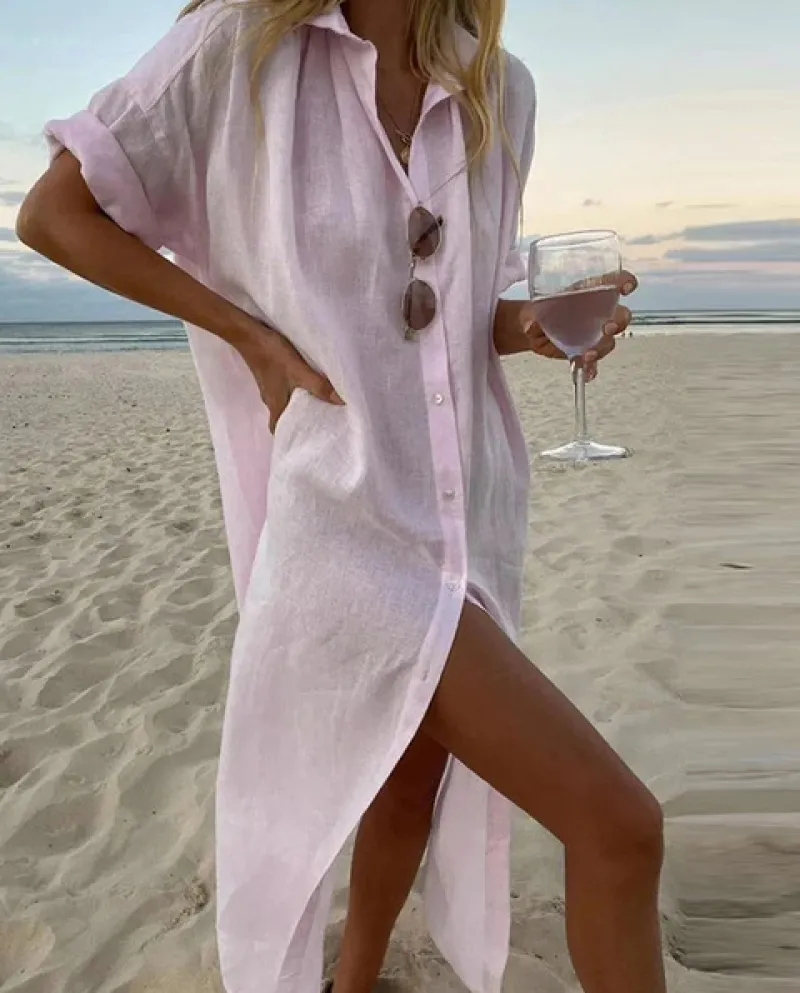 Estate Delle Donne Risvolto Camicia A Maniche Corte Vestito di Modo Solido Monopetto Abito Lungo Della Signora 2022 Casual Coton