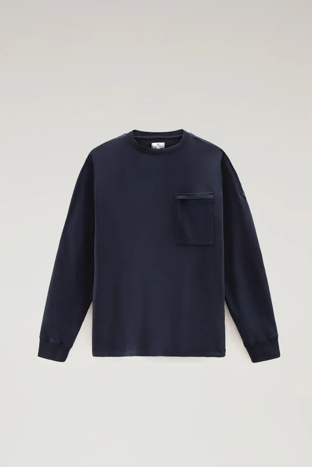 Felpa girocollo in puro cotone con tasca con zip                                                                                