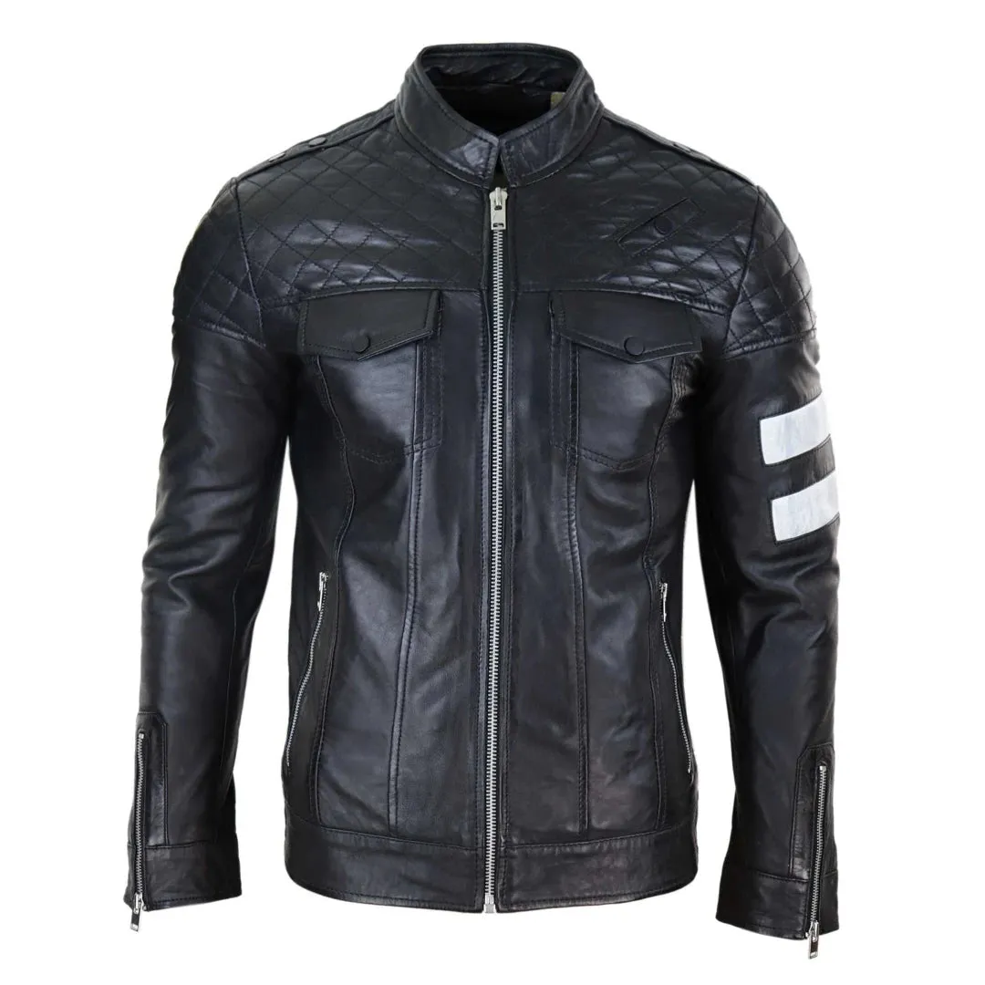 Giacca Casual da Uomo Stile Biker in Vera Pelle Nappa con Zip e Strisce