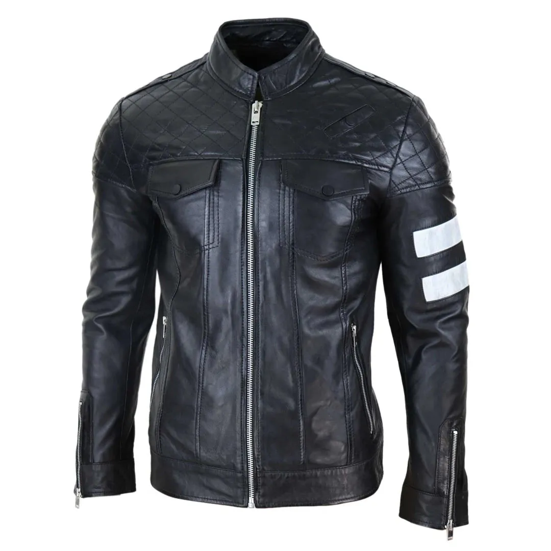 Giacca Casual da Uomo Stile Biker in Vera Pelle Nappa con Zip e Strisce