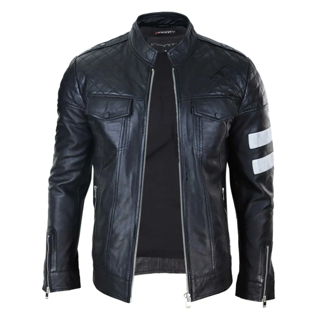 Giacca Casual da Uomo Stile Biker in Vera Pelle Nappa con Zip e Strisce