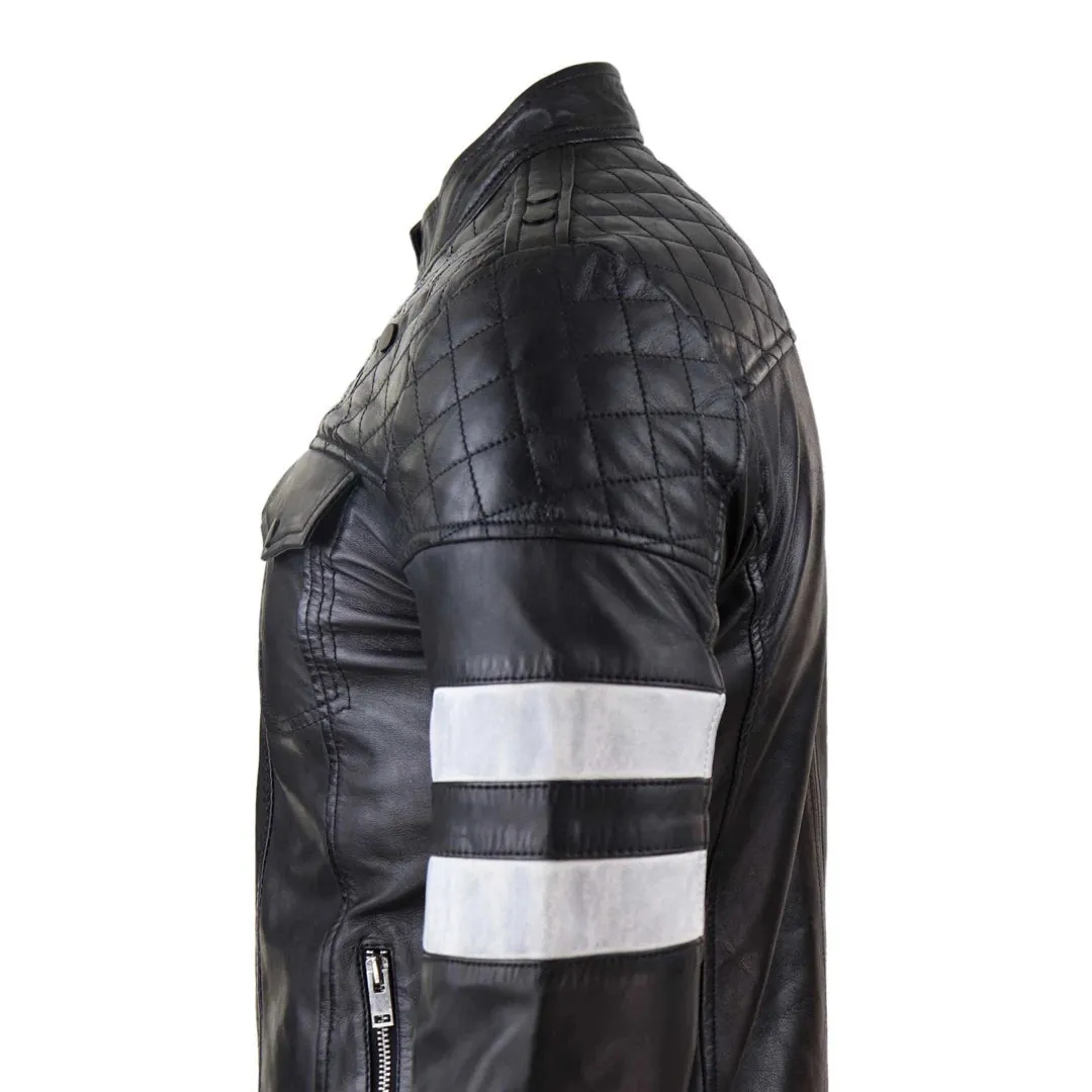 Giacca Casual da Uomo Stile Biker in Vera Pelle Nappa con Zip e Strisce