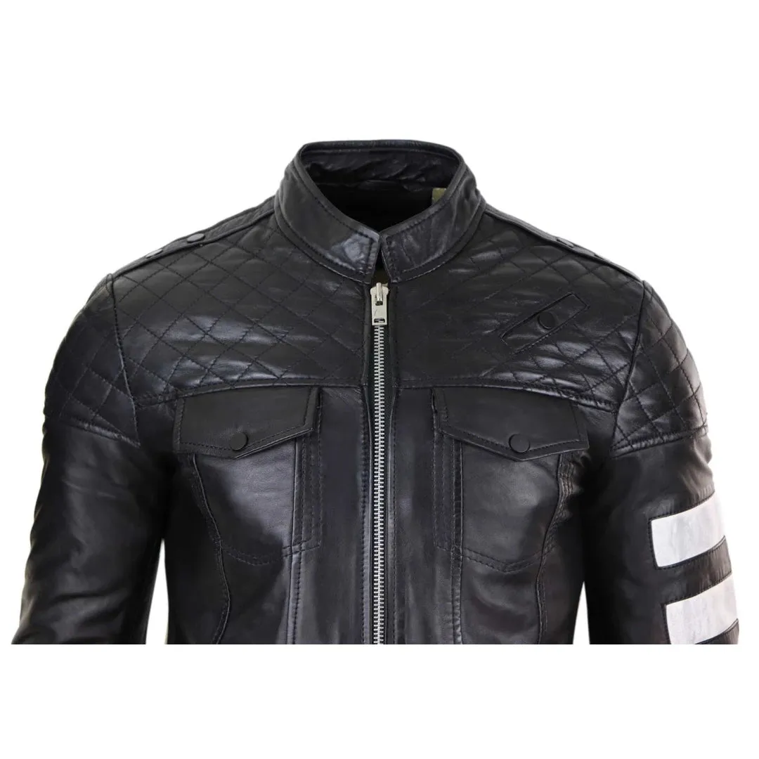 Giacca Casual da Uomo Stile Biker in Vera Pelle Nappa con Zip e Strisce