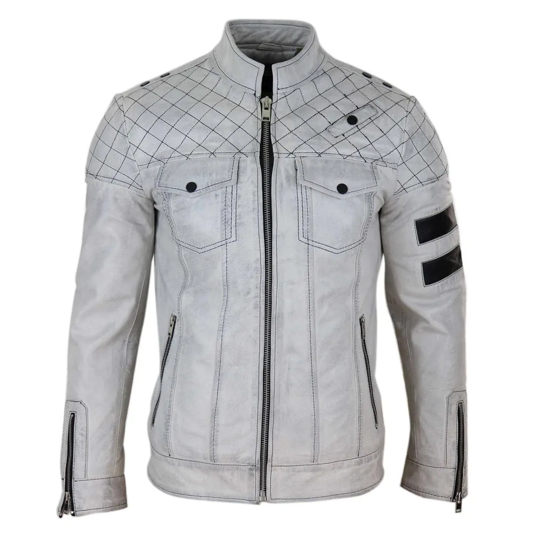 Giacca Casual da Uomo Stile Biker in Vera Pelle Nappa con Zip e Strisce