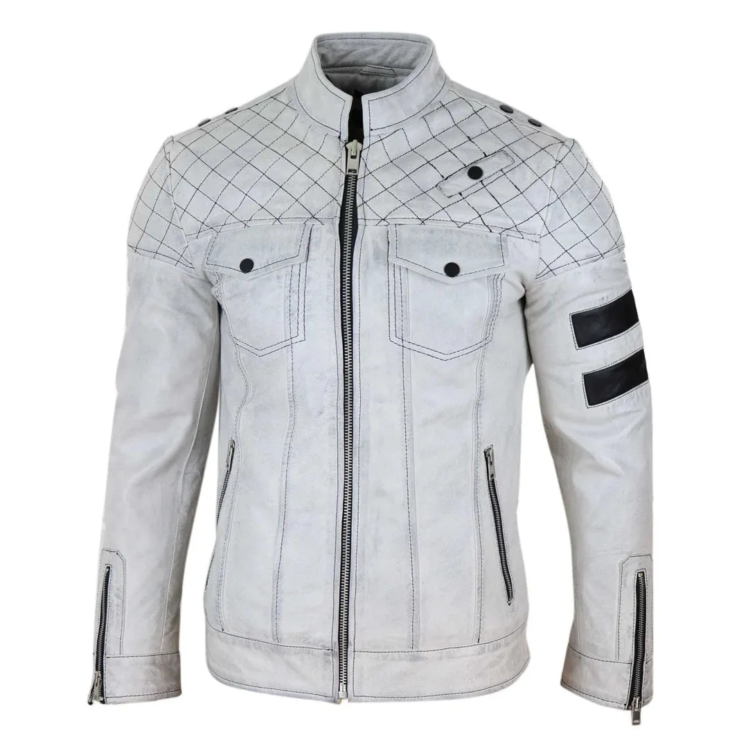 Giacca Casual da Uomo Stile Biker in Vera Pelle Nappa con Zip e Strisce