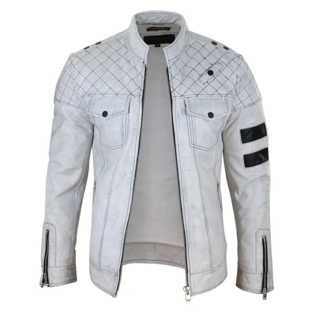 Giacca Casual da Uomo Stile Biker in Vera Pelle Nappa con Zip e Strisce