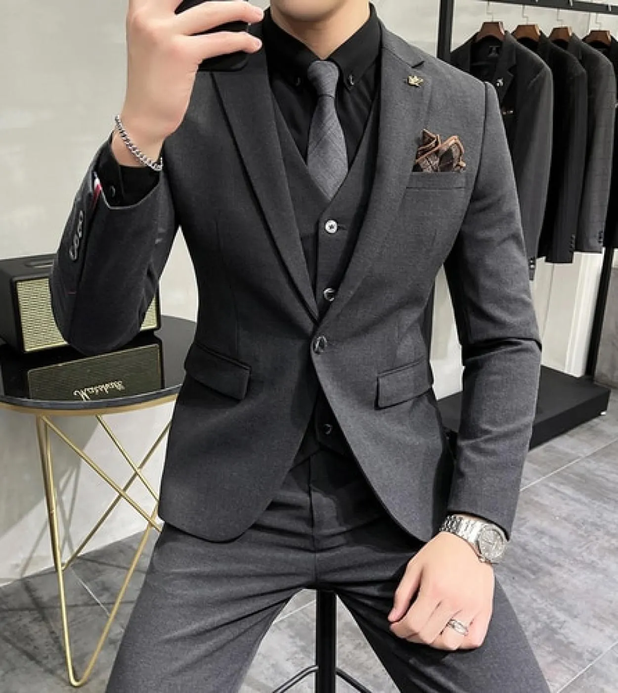 Giacca  gilet  pantaloni Highend Brand Boutique Fashion Tinta unita Uomo Casual Business Suit 3 pezzi Set Sposo Matrimonio