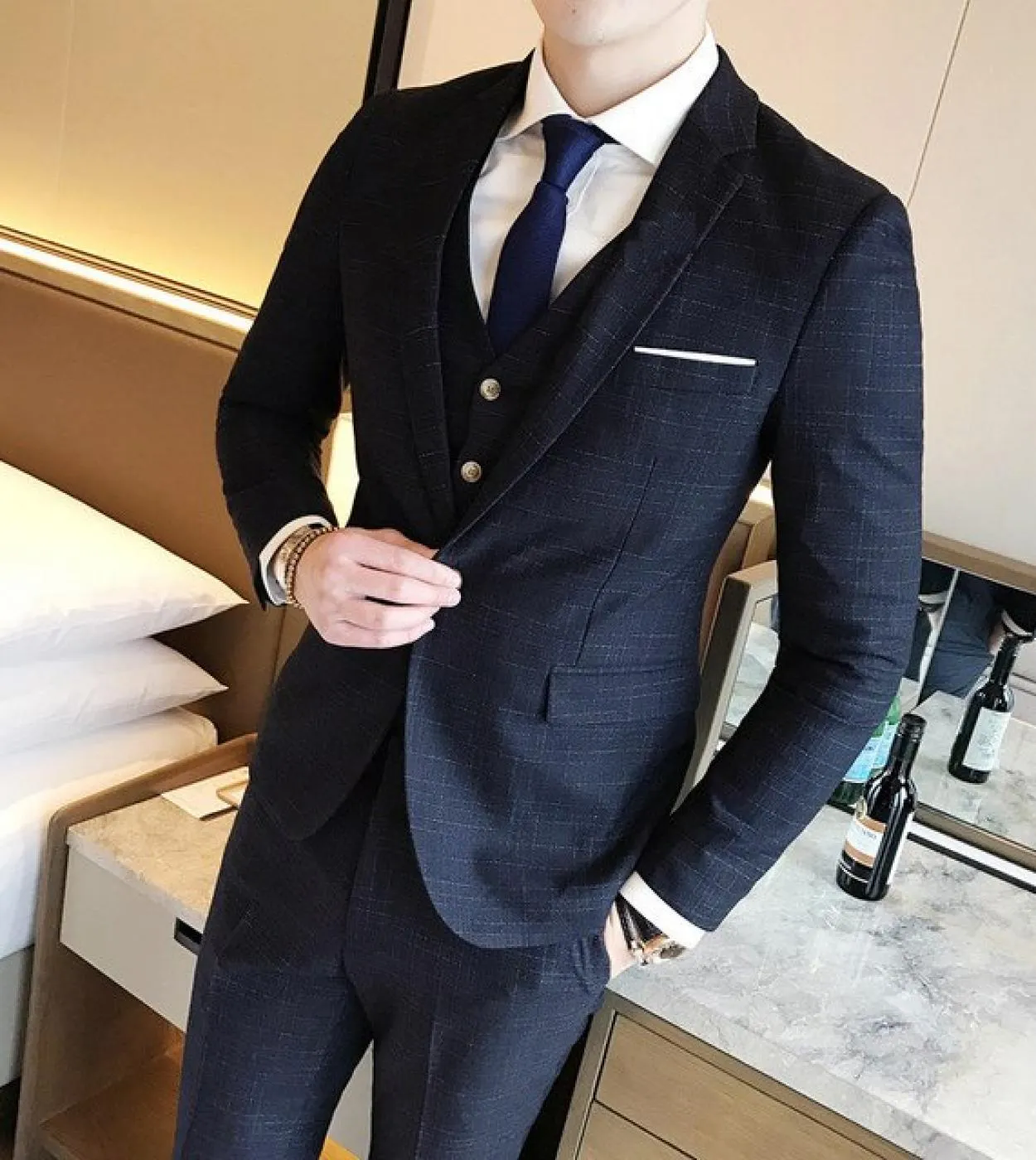 Giacche  gilet  pantaloni Highend Fashion Check Mens Business Casual Suit 3 pezzi Set sposo abito da sposa smoking maschio S