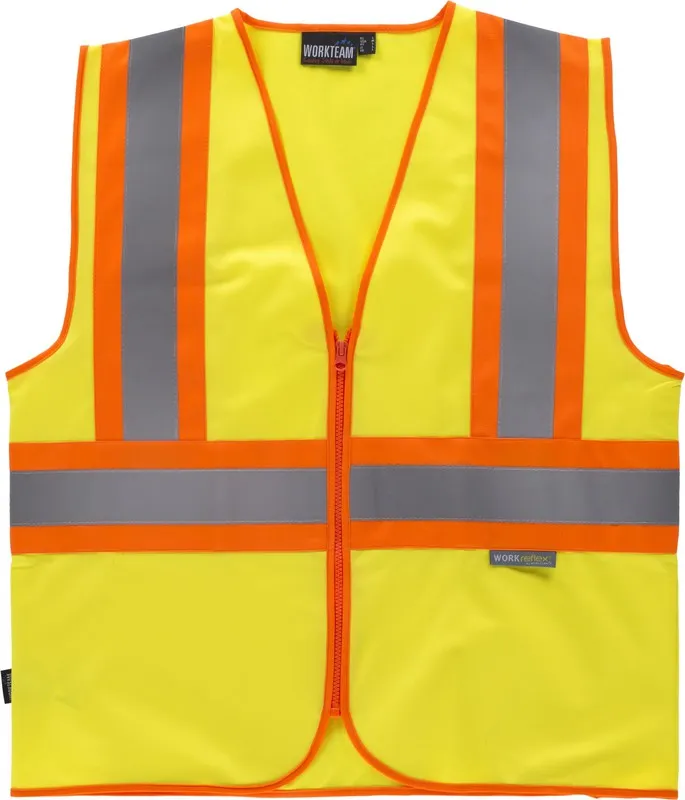 Gilet ad alta visibilità, multi-tasca, nastri riflettenti bicolore verticale e orizzontale AV Giallo Arancione AV