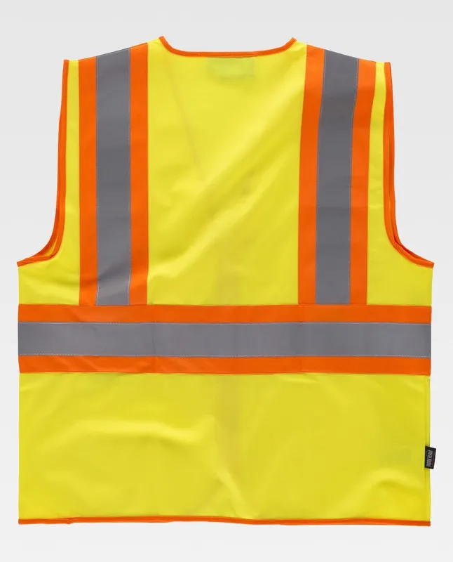 Gilet ad alta visibilità, multi-tasca, nastri riflettenti bicolore verticale e orizzontale AV Giallo Arancione AV