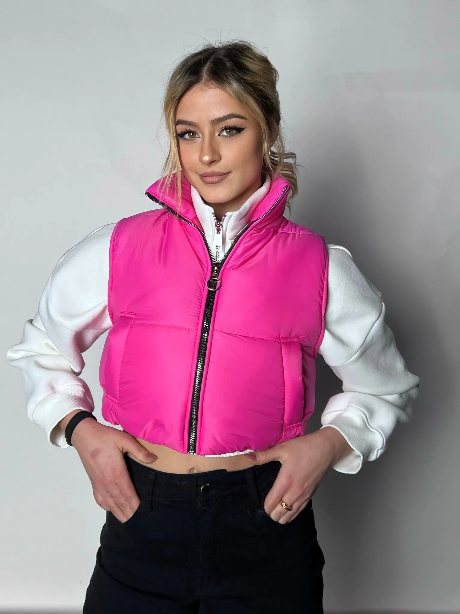 Gilet water repellent a collo alto - FUCSIA