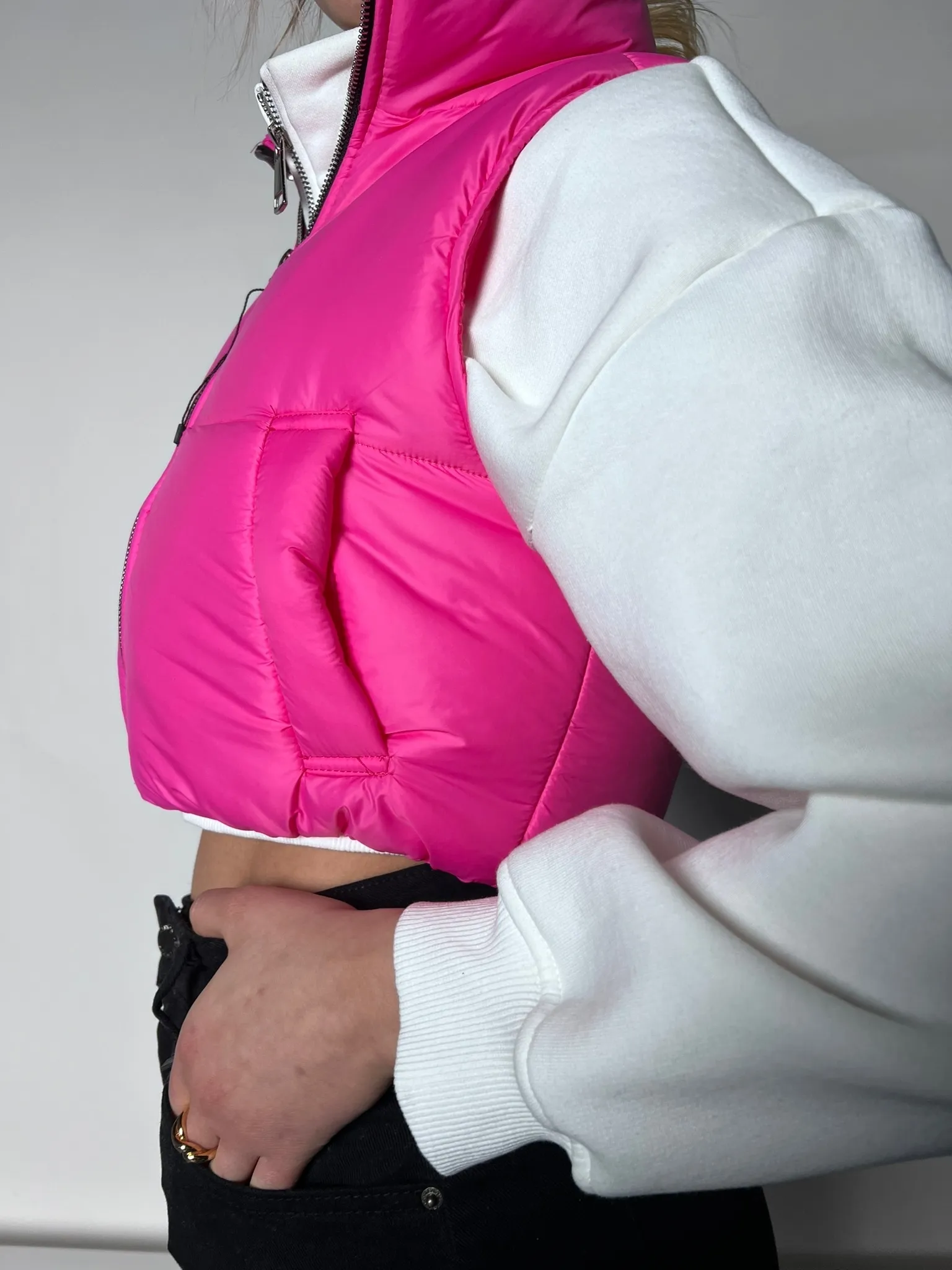 Gilet water repellent a collo alto - FUCSIA