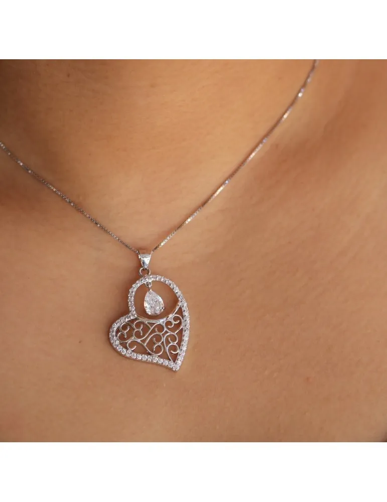 Girocollo argento 925 collana con Ciondolo Cuore arabesque zirconi