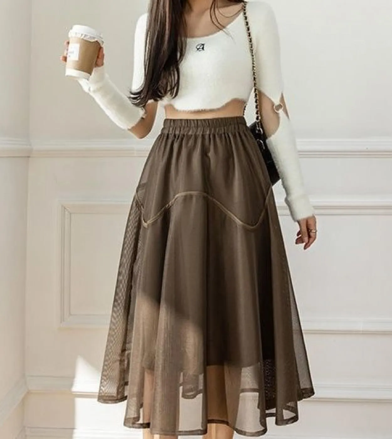 Gonna da donna Moukyun Stile preppy Cuciture irregolari di maglia Gonna a trapezio Moda Impero Vita elastica Za Gonna donna
