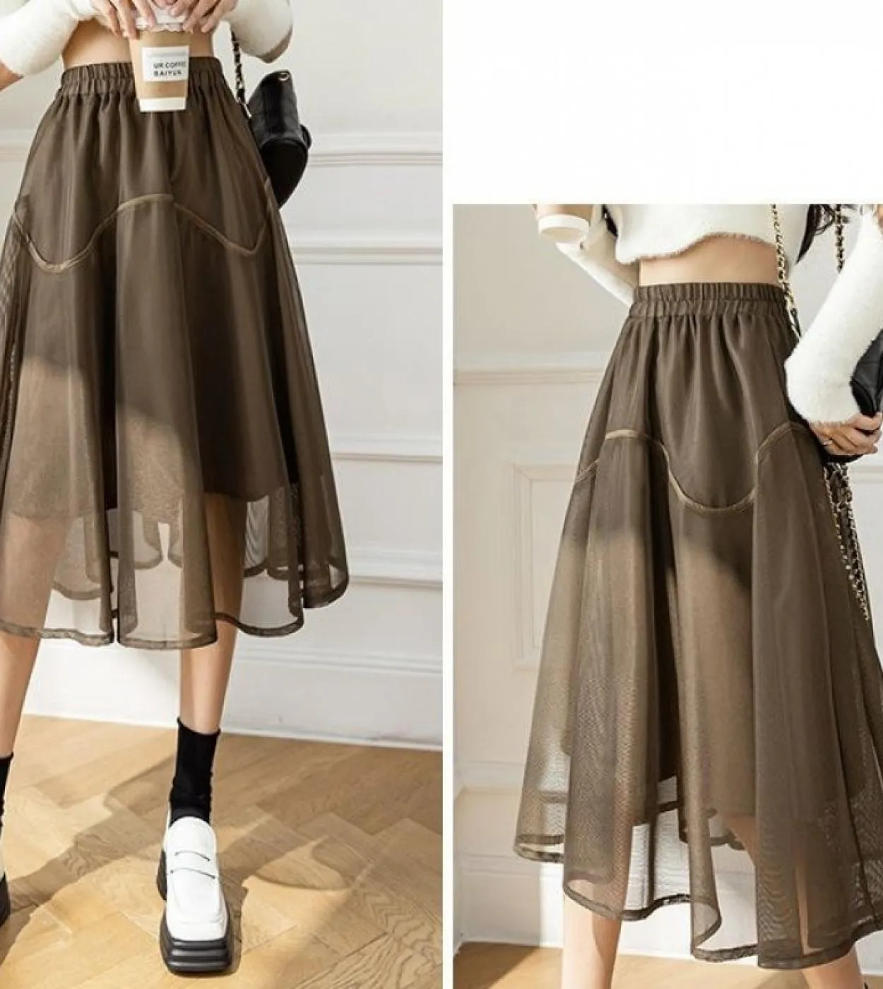 Gonna da donna Moukyun Stile preppy Cuciture irregolari di maglia Gonna a trapezio Moda Impero Vita elastica Za Gonna donna