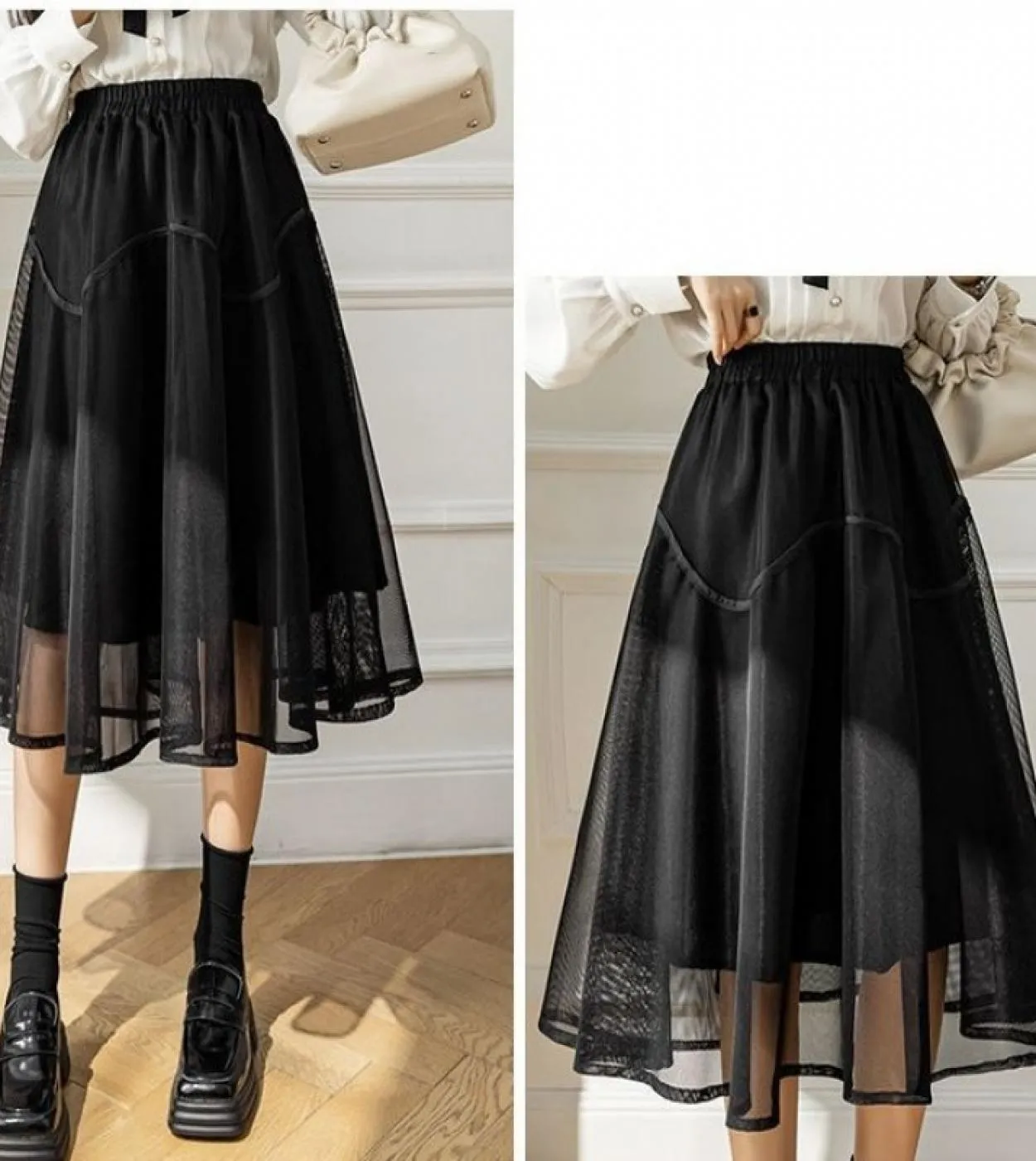 Gonna da donna Moukyun Stile preppy Cuciture irregolari di maglia Gonna a trapezio Moda Impero Vita elastica Za Gonna donna
