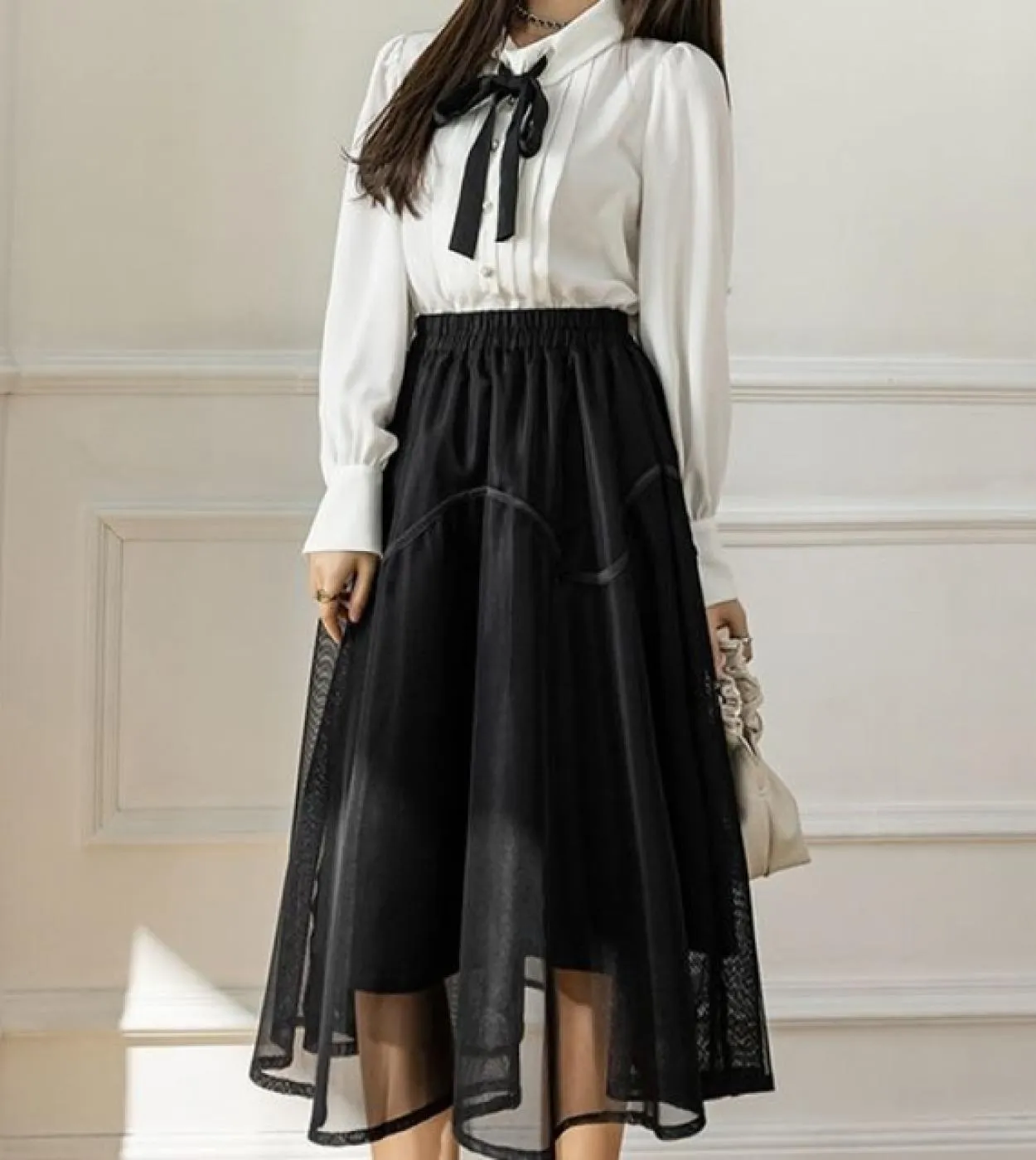 Gonna da donna Moukyun Stile preppy Cuciture irregolari di maglia Gonna a trapezio Moda Impero Vita elastica Za Gonna donna