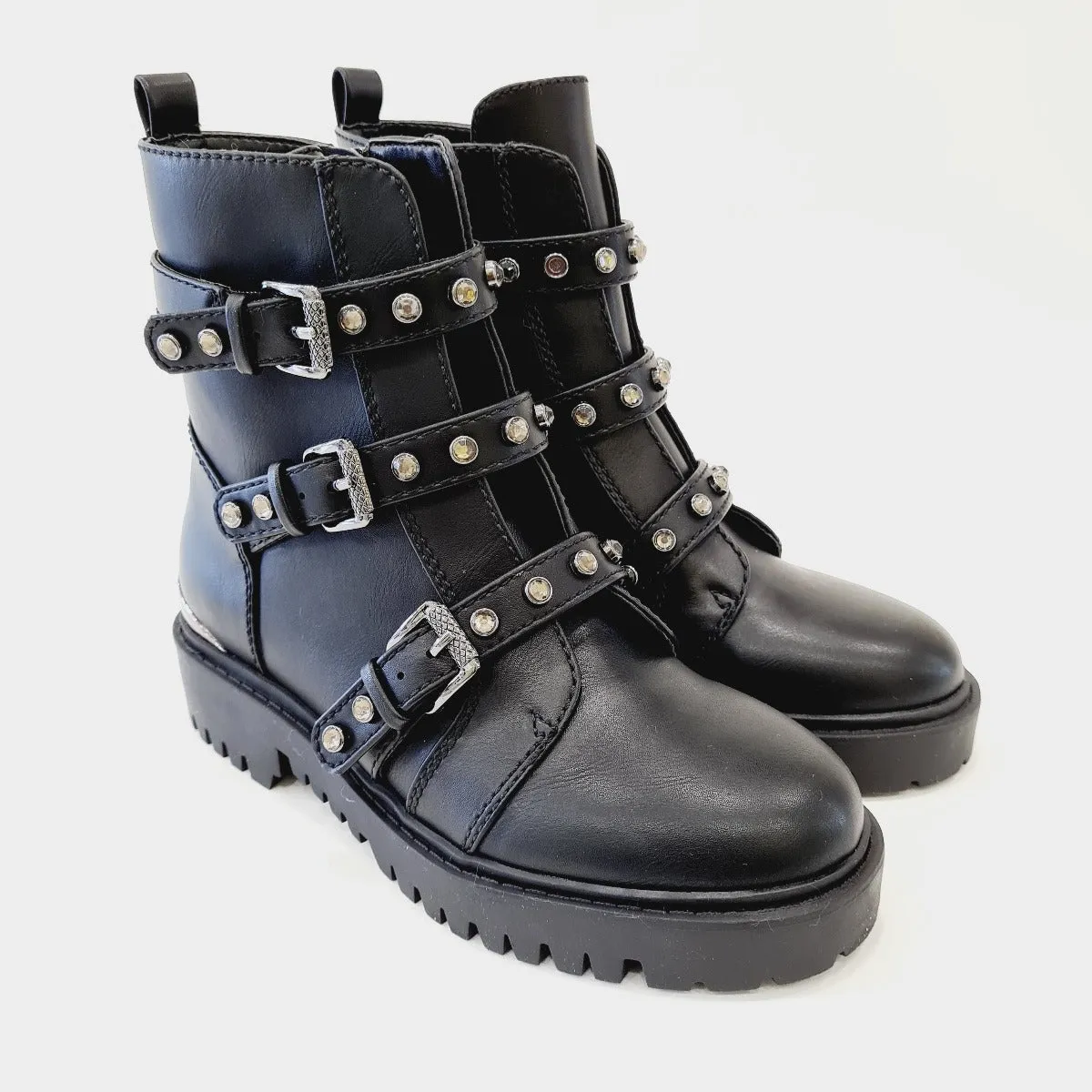 Guess Anfibio Bikers pelle Black fibie + borchie  fondo gomma carro armato 4,5 cm. rif. G607