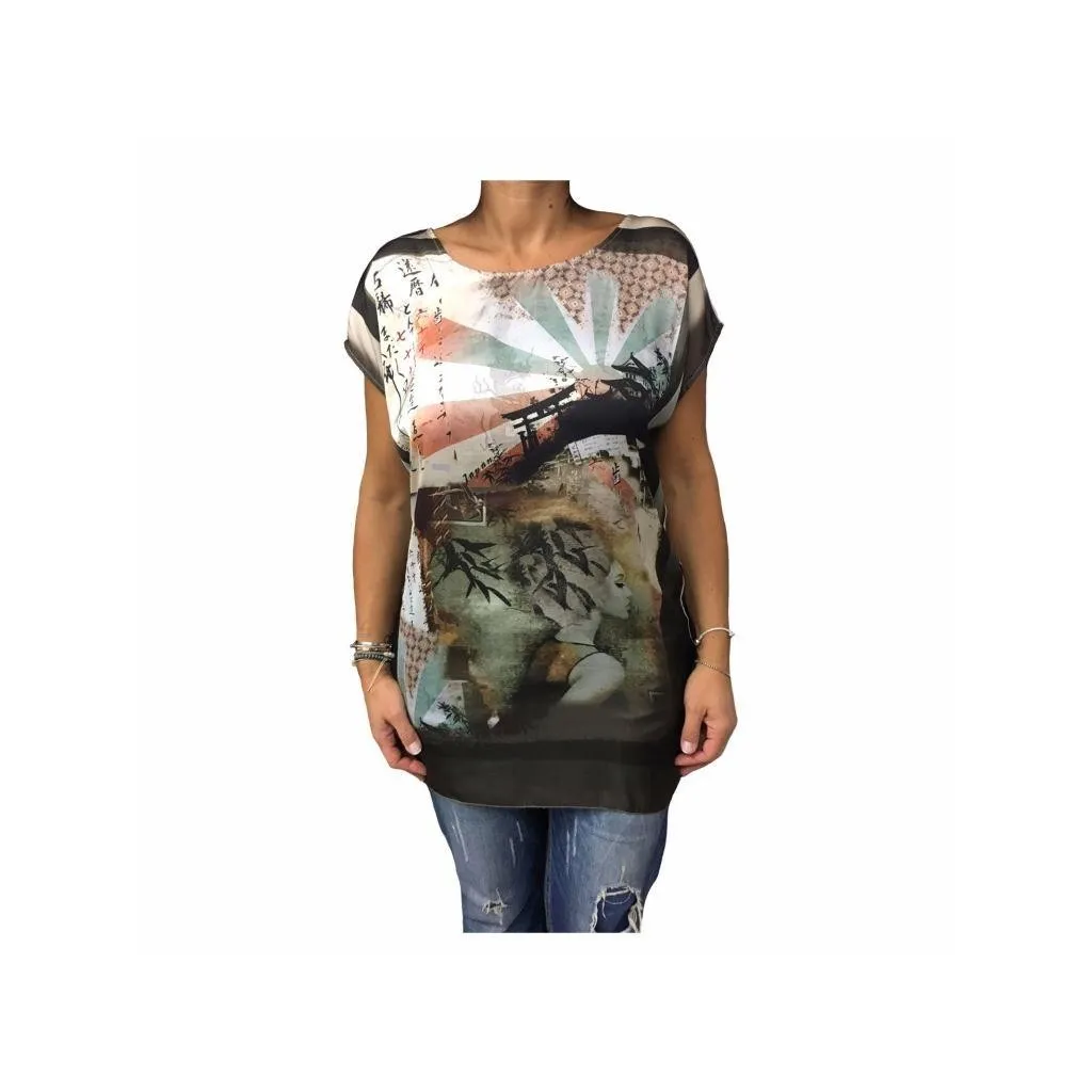 LA FEE MARABOUTEE Maxi maglia Donna maniche corte in tessuto + jersey W7368 MADE ITA