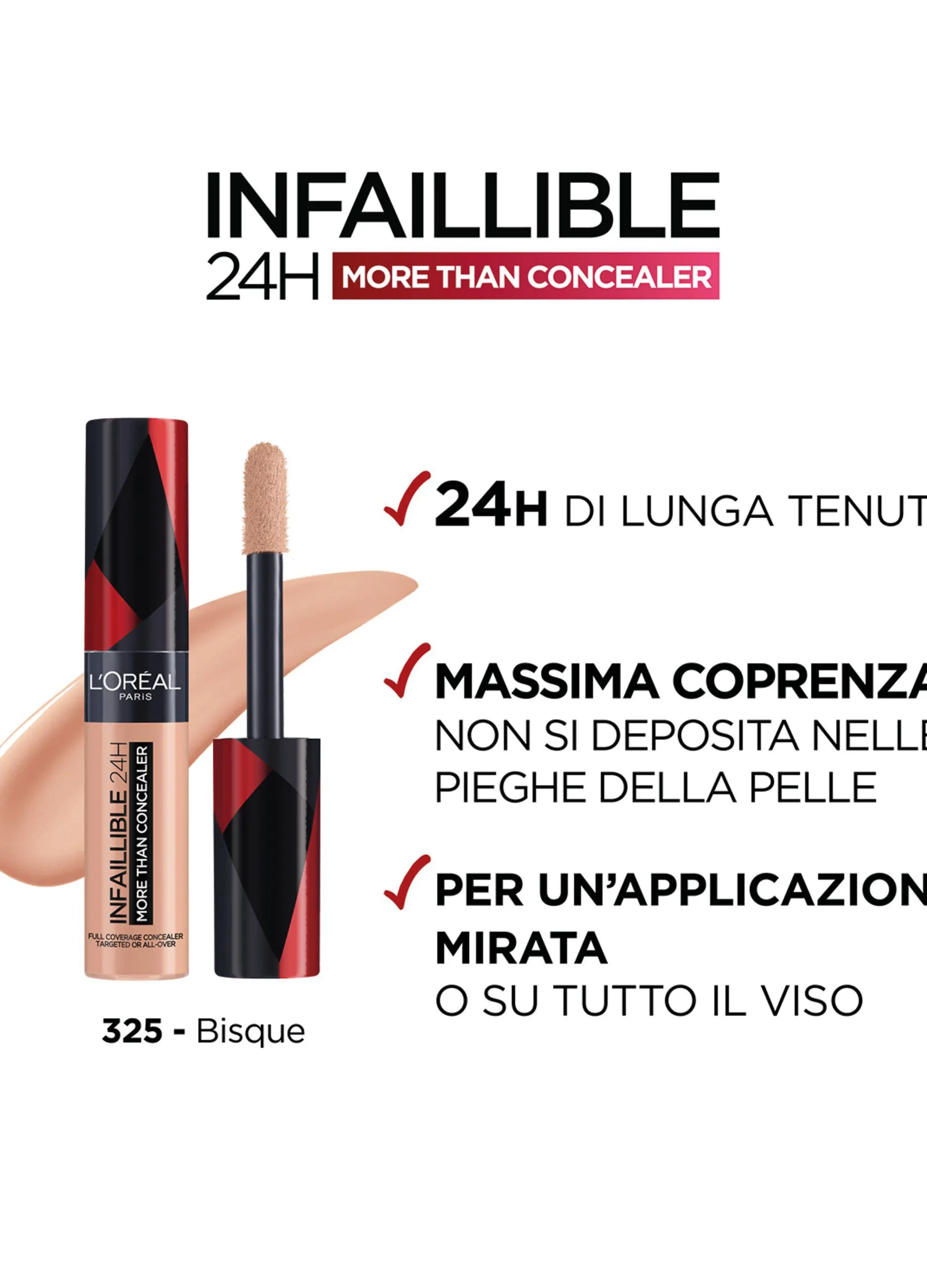L'OREAL  L'Oréal Paris Infaillible 24h More Than Concealer, Correttore liquido a lunga tenuta, 325 Bisque.